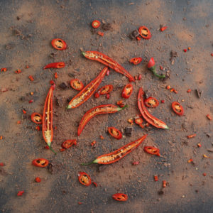 Rote Chilischoten mit Kakaopulver und Schokolade Rote Chilischoten mit Kakaopulver und Schokolade
